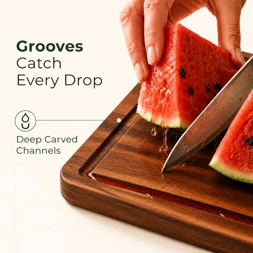 Acacia Wood Cutting Board Set of 3 with Holder, Juice Grooves & Handles