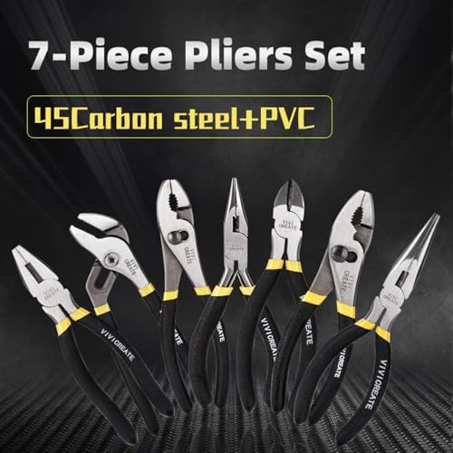 Vivicreate 7 Piece Pliers Set Heavy Duty Hand Tool Set with 8 Inch Groove Joint 8 Inch and 6 Inch Slip Joint 7 Inch Linesman 6 Inch Diagonal and Long Nose Pliers for Home Garage DIY Repair