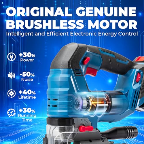 DongCheng 20V Brushless Cordless Jigsaw, 800-3500 SPM Variable Speed, 26mm Stroke, 4-Position Orbital Action, 0-45° Bevel Cut, Cuts Wood, Metal & Aluminum, 4.0Ah Battery, Charger, 6 Blades, Tool Bag - style: Jig Saw