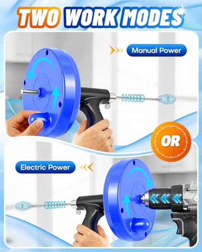 Drain Auger, 25FT Drain Snake with Drill Adapter, Flexible Plumbing Snake Clog Remover with Gloves & Cloth Bag, Use Manually or Powered for Kitchen Bathroom Shower Sink - Blue - color: Bule