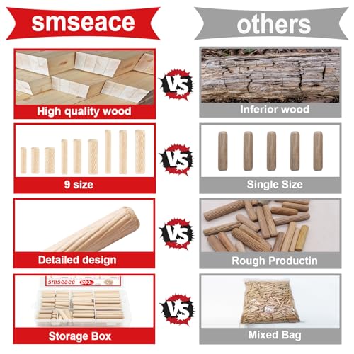smseace Wooden Dowel Pins with Tapered End with Bevel Angle Groove Wood Pegs - 9 Sizes 6/25inch 5/16inch 3/8inch(6mm, 8mm, 10mm) Used for Crafts, Furniture, Door, DIY - size: 200Pcs - 9 Sizes