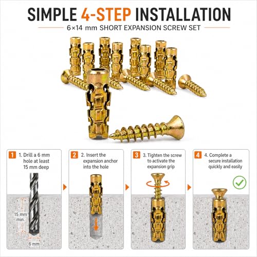 6×14mm Short Expansion Screw Set for Cabinet Hinge Repair, Expansion Anchor