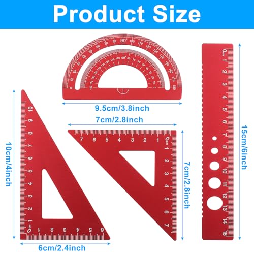 4 Pcs Triangular Ruler Set, Aluminum Alloy, Red - color: Red