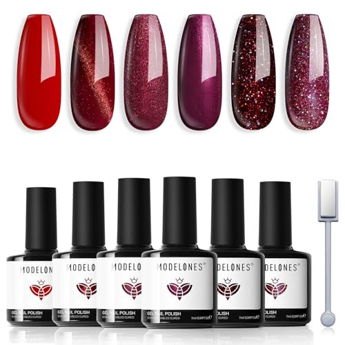 modelones Gel Nail Polish Set, Red Burgundy Purple Glitter Cat Eye Shimmer - color: A-1 Crimson Spark