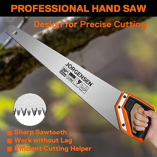 JORGENSEN 20 Inch Pro Hand Saw, 11 TPI Fine-Cut Ergonomic Non-Slip Aluminum Ultrasonic Welding Handle for Sawing, Trimming, Gardening, Woodworking, Drywall, Plastic Pipes | Non-slip ergonomic grip, ultrasonic welded structure, woodworking, trimming, drywa
