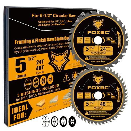 FOXBC 5-1/2" Circular Saw Blade 24T 48T Fast Framing for Wood Cutting, 20mm Arbor with 10mm, 1/2", 5/8” Bushings - 2 Pack