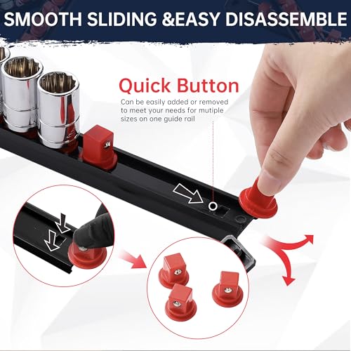 Reniteco Magnetic Socket Organizer, 3-Piece 1/2-Inch Drive ABS Sockets Rail, Heavy Duty Sockets Holder, Socket Rack Kit 1/2-Inch x 42 Clips - color: Red, size: 3 Pcs 1/2" DR