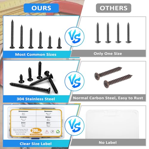 200PCS #6 Black Wood Screws Assortment Kit, 304 Stainless Steel Screws, Drive Sheet Metal Self Tapping Screws with Screwdriver Bit, 6 Sizes (2”,1-1/2”,1-1/4”,1”,3/4”,1/2”) - style: Black #6 Flat Head Set 200PCS