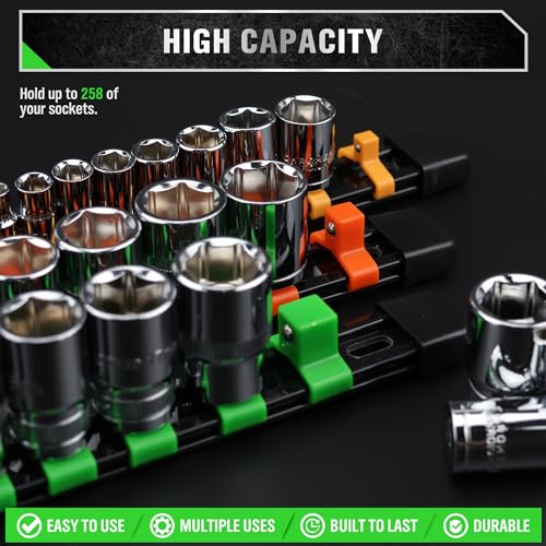 SWANLAKE Socket Organizer Set 18-Piece, 1/4-Inch x 96 Clips, 3/8-Inch x 90 Clips, 1/2-Inch x 72 Clips, Socket Organizer for Tool Box Drawer, Drive Socket Trays, Socket Holder Clip Rail - style: 18 PCS