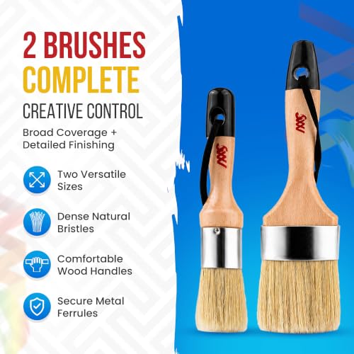 Chalk and Wax Paint Brushes for Furniture, 2 Pack Natural Bristles