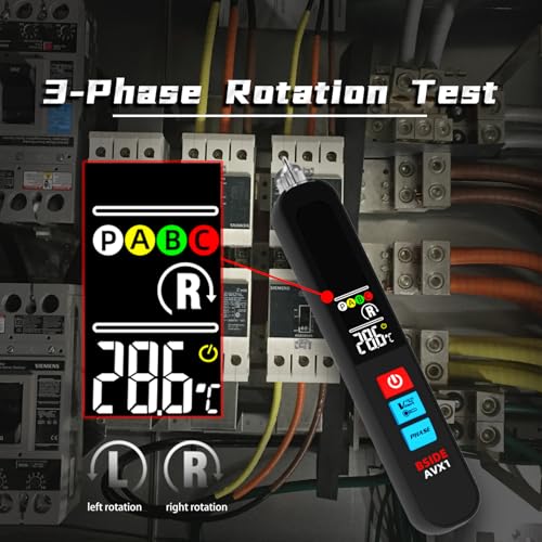 BSIDE Voltage Tester, Non-Contact with 3-Phase Rotation Indicator & Signal Percentage, Rechargeable AC Electrical Voltage Detector Pen, High/Low Sensitivity with 6 Ranges, 3-Mode Alarm with Analog Bar