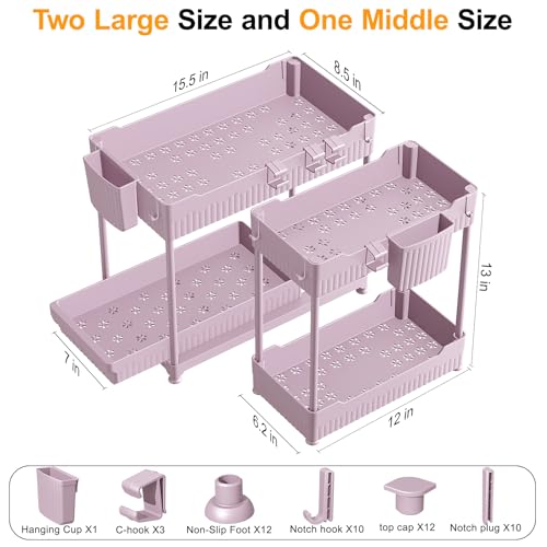 Sevenblue 3-Pack 2-Tier Under Sink Organizers with Sliding Drawers - color: Pink, size: 14.8 Inch
