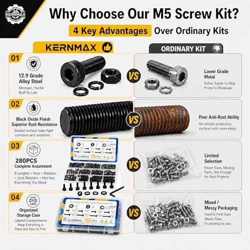 280PCS M5 Screws Kit, M5x8/10/12/16/20/25/30/35mm Hex Socket Head Cap Bolts Nuts & Washers Set, 12.9 Grade Alloy Steel, Black Oxide, M5 Screw for 3D Printer & Repairs - size: M5 280pcs