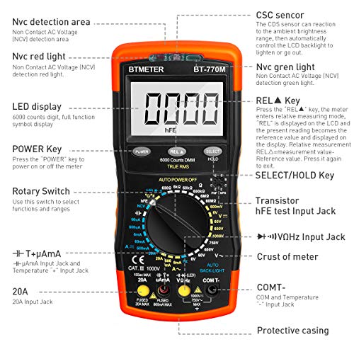 Digital Multimeter TRMS 6000 Count, BTMETER BT-770M Auto/Manual Ranging DMM Electrical Meter Tester for AC/DC Amp, AC/DC Volt, Ohm Capacitance Frequency Continuity Temperature NCV, Auto Backlight