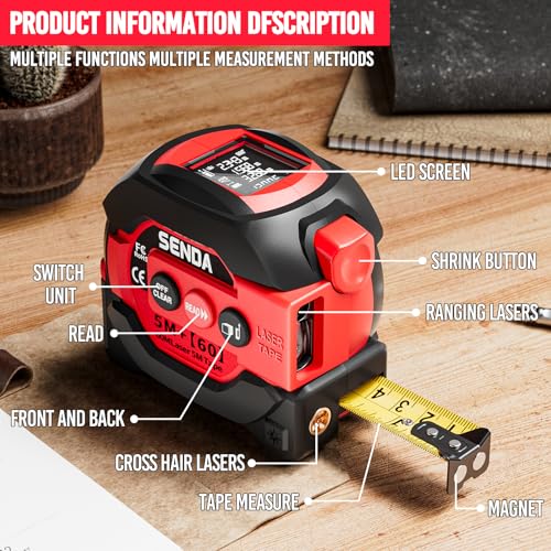 SENDA 3-in-1 Laser Tape Measure - 197Ft Digital Measuring Tape with Led Display&16Ft Measuring Tool with Magnetic Hook & Auto Lock - Pythagorean, Area, Volume, Ft/Ft+in/in/M Unit, AAA Battery*2, Red - color: Red(battery Model), size: 197 FT