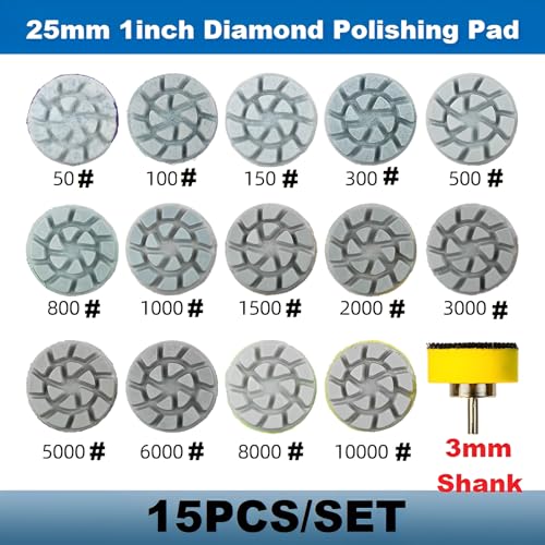 1inch 25mm Mini Diamond Polishing Pad Set, 14PCS Different Grit 50#-10000# Water Sanding Discs & 1PC 3mm Shank Hook & Loop Backing Holder for Detail Fine Grinding - style: 3mm Shank