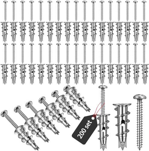 Yaocom 400 Pieces Zinc Self Drilling Drywall Anchors with Screws Kit, (200 Anchors+200 Screws) Bulk Heavy Duty Metal Wall Anchors and #8 x 1-1/4'' Screw