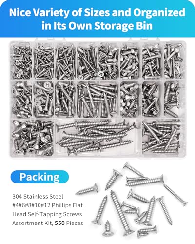 550Pcs 304 Stainless Steel Wood Screws Assortment Kit, Phillips Flat Head Sheet Metal Screw Self Tapping Screws Set, #4#6#8#10#12 Wood Assorted Screws, Length 1/4" to 1-1/2" (Flat Head 550PCS) - style: Flat Head 550PCS