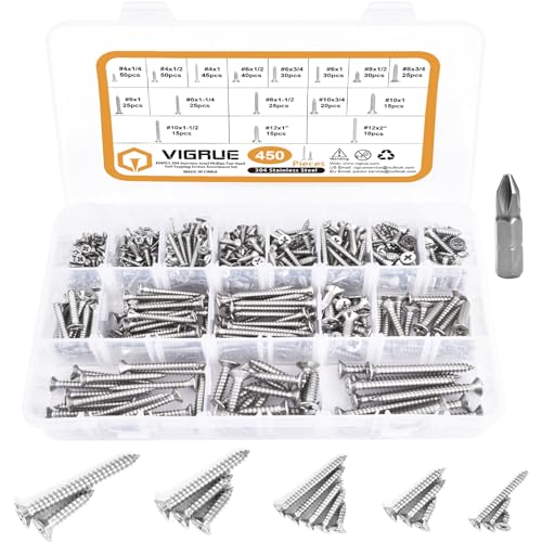 VIGRUE Stainless Steel Wood Screws Assortment Kit, #4#6#8#10#12 Phillips Pan Head Sheet Metal Screws Self Tapping Screws Set, 450Pcs - style: 450Pcs Pan Head #4#6#8#10#12