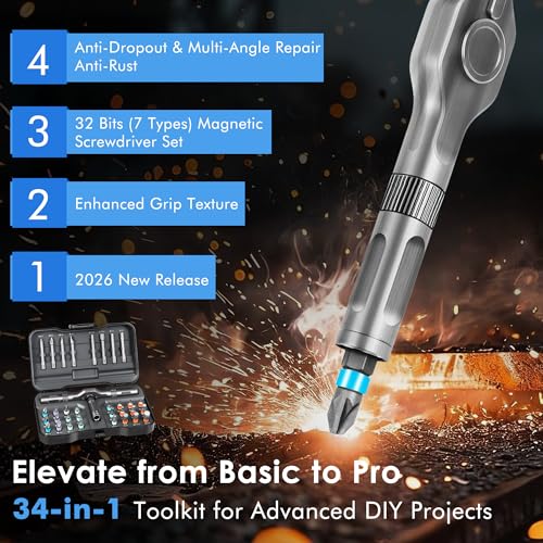 Asnish 34 in 1 Magnetic Screwdriver Set with Ratcheting Multi Bit - color: Black-gray, size: 34 In 1
