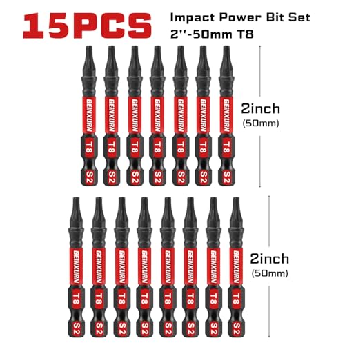 Geinxurn 15 Pieces T8 Impact Tough Magnetic Screwdriver Bit Set, 2 In. #8 Torx Head power Bit Set, S2 Alloy Steel T8 Star Bit - size: 2"-15PCS, style: T8