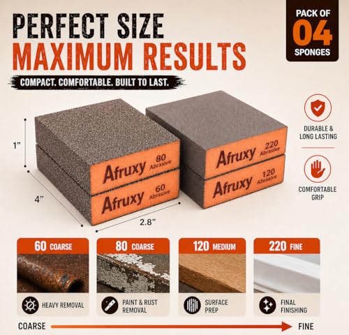 Sanding Sponge, 60/80/120/220 Grit 4-Pack with Protective Gloves, Coarse Fine Medium Grit Sanding Block, Reusable Dry Wet Sanding Blocks for Wood, Drywall,Metal, Fine Sandpaper Sand Block by Afruxy - size: Assorted 4 Pack