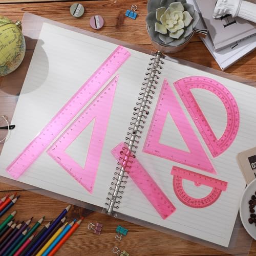 Tenare 6 Pcs Math Geometry Ruler Straight Protractor Triangle, Pink - color: Pink