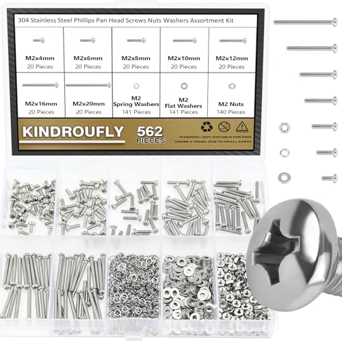562 Pieces M2 x 4/6 /8/10 /12/16 /20mm Phillips Pan Head Machine Screws Nuts Washers Assortment Kit, 304 Stainless Steel, Fully Machine Thread - size: M2