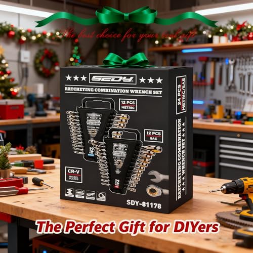 Premium 24-Piece Ratchet Wrenches Set with Magnetic Organizer, SAE 1/4"-7/8" & Metric 8mm-19mm, Cr-V Steel Ratcheting Wrench Set, Ratchet Combination Wrench Set for Automotive, Machine Repair - style: 24-Piece Ratchet (SAE & Metric)