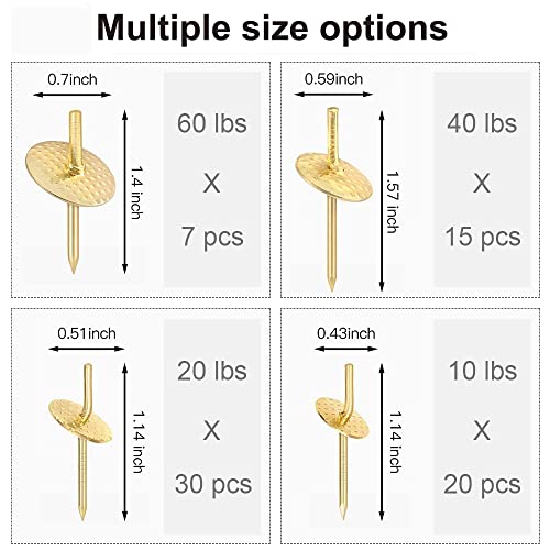 72 pcs Picture Hangers with 10-60lbs, 4 Different Size Picture Hangers, Iron Alloy Nail Hooks, Plaster Picture Hanging Kit on Wooden/Drywall Hanging Hardware for Clock, Mirror, Jewelry (Pack of 2) - size: 10-60LBS (Pack of 2)
