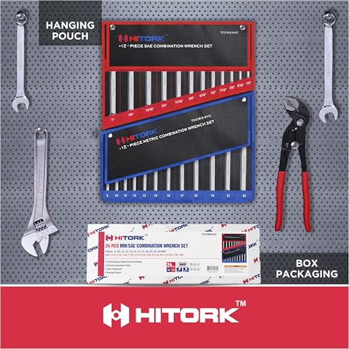 Hitork 24-Piece Combination Wrench Set, SAE (1/4"–1") & Metric (8–24mm), Cr-V Steel, Mirror Chrome Finish, 12-Point Box End, 15° Offset, with Roll Pouch – Ideal for Home, Garage & Auto Repair - style: 24 Piece Set SAE & Metric