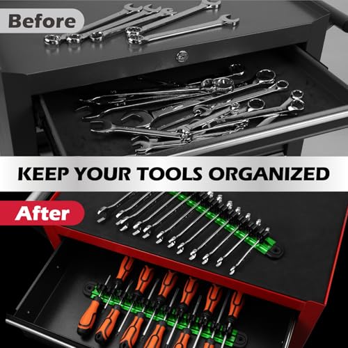 Magnetic Screwdriver Organizer and Wrench Organizer, 14-Slot Screwdriver and Wrench Holder, Magnetic Aluminum Rail Tool Organizer for Tool Box Drawer Wall-Mount Storage, Green (Tools not Included) - style: 1-Pack Green (14-Slot)