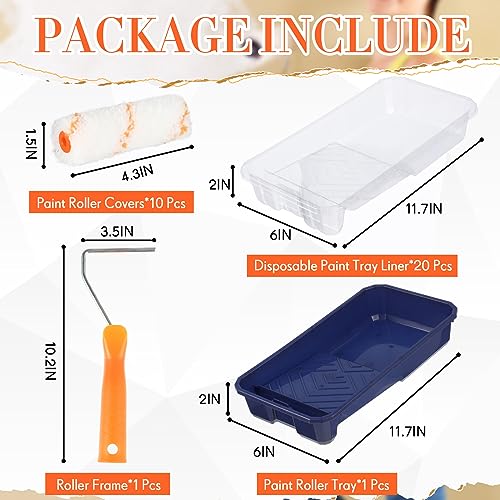 Qilery 32 Pcs 4 Inch Paint Roller Tray Kit Includes 20 Pcs Disposable Liners and Tray, 10 Piece Covers Replacement, Frame with Handle for Home Wall Furniture Craft Work Supplies