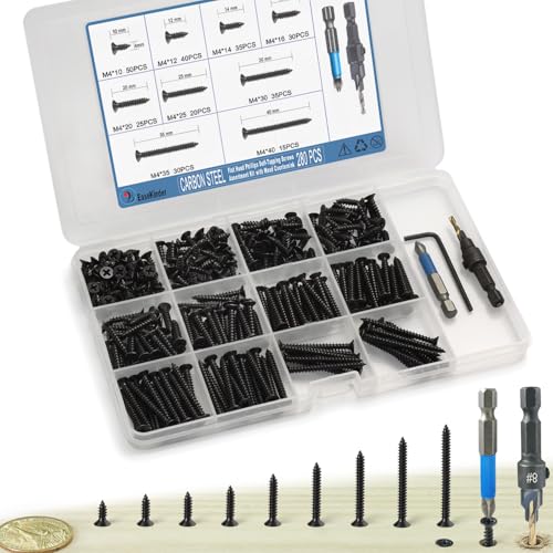 280PCS Flat Head Phillips Wood Screws Assortment Kit, Carbon Steel Self-Tapping Screw with Adjustable Wood Countersink (CSQ235 M4) - size: CSQ235 M4