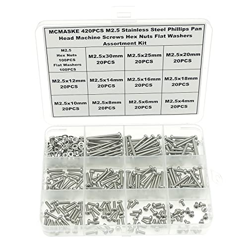 420PCS M2.5 Phillips Pan Head Machine Screws Nuts Flat Washers Kit;304 Stainless Steel;Screws Length:4mm to 30mm - size: M2.5