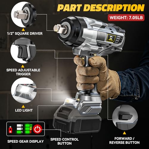 Cerycose Cordless Impact Wrench 1/2 inch Compatible with DeWalt 20V Battery: 1700FT-LBS High Torque Impact Wrench with 6 Sockets & Case - Brushless Electric Impact Gun LED Work Light, Bare Tool - size: 1/2inch, style: Fit for DeWalt（include 6 Sockets）