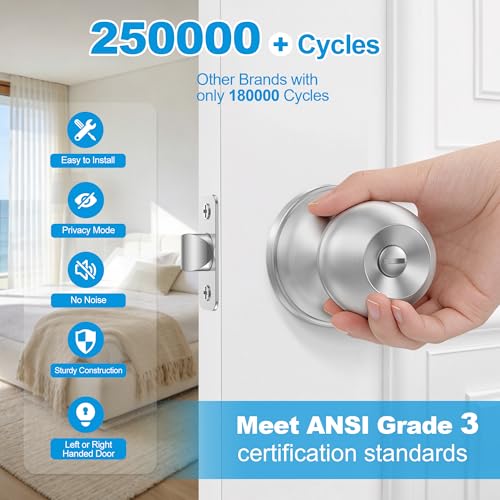Plustool 10 Pack Privacy Door Knobs Interior, Satin Nickel Doorknob with Lock -ANSI Grade-3 Certified,Keyless Door Locks for Bedroom,Bathroom, Modern Heavy Duty Handle with Round Ball, Easy to Install
