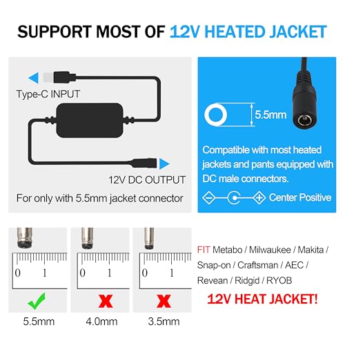 12V Heated Jacket Step-Up Cable Type C to DC 5.5mm for Milwauk-ee M12 | Compatible with Snap-on, Metabo, Craftsman, M12, Makita, AEG 12V heated jackets, powers via Type-C power bank