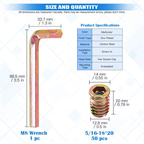 Glarks 50Pcs 5/16"-18 x20mm Threaded Inserts Nuts Zinc Plated Carbon Steel Hex Socket Drive Furniture Flanged Screw-in Nut with M8 Hex Wrench for Wood Furniture (5/16''-18 x 20mm) - size: 5/16"-18 x 20mm