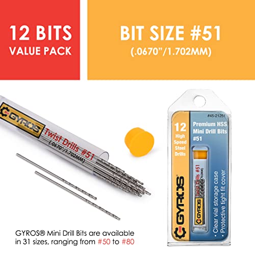 GYROS 12 PCS #51 Micro Drill Bit Set – Small Drill Bits for Jewelry, Plastic, Resin, & Soft Metal – High-Speed Steel Wire Gauge Mini Twist Drill Bit Set for Pin Vise Hand Drill & Rotary Tool - size: #51 (.0670”/1.702MM)