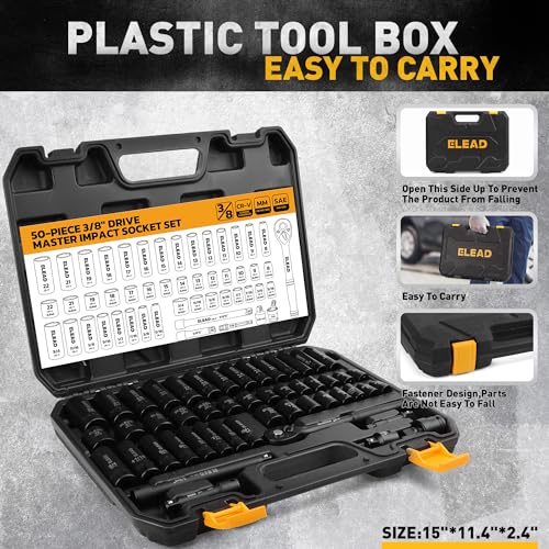 ELEAD 3/8" Drive Impact Socket Set - 50-Piece SAE (5/16" to 3/4") & Metric (8-22mm), 6-Point CR-V Steel Deep & Shallow Sockets with Ratchet Handle, Universal Joint, Extension Bar, Adapter - color: 3/8'' Drive Impact Socket Set Black