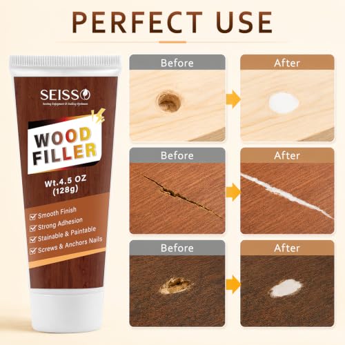 SEISSO White Wood Filler Putty, Waterproof & Paintable for Indoor Outdoor | Stainable & Sandable Wood Putty Filler - Quick Repair for Cracks, Holes, Scratches on Furniture, Cabinets, Floors, Tables