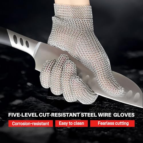 ANSI A9 Cut Resistant Stainless Steel Metal Mesh Chainmail Gloves,Butchers Gloves Food Grade For Kitchen Cooking, Oyster Shucking, Glass Processing, Tool Sharpening, 5 Finger, (S) - size: Small (Pack of 1), style: Steel Ring