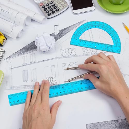 Zonon 2 Pcs 12 Inch Clear Ruler and 6 Inch Plastic Protractor Set, Blue - color: Blue