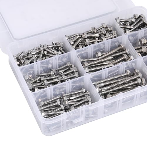 SATANTECH #8#10#14 Self Drilling Screws Assortment Kit,410 Stainless Steel Self Tapping Sheet Metal Screws Hex Washer Head,370Pcs Self Tapping Screws for Metal Wood Plastic,1/2" 3/4" 1" 1-1/2" 2"
