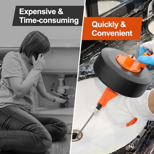 Drain Snake, Plumbing Snake With Drill Adapter, 50ft Heavy Duty Flexible Sink Steel Drain Auger Bathroom Hair Clog Removal Tool, Manual Or Powered - No auto retract or feed (Black)
