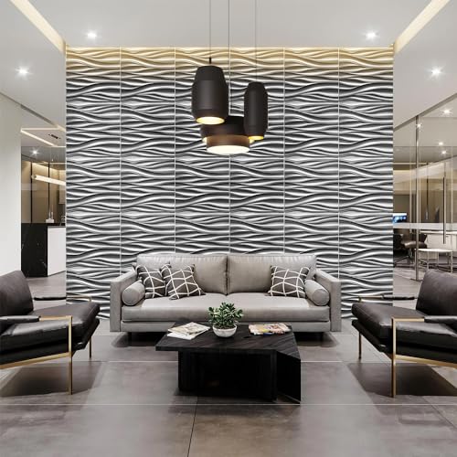 STICKGOO Wave 3D Wall Panels, Brushed Silver, 19.7''x19.7'', Pack of 12 - color: Deep Brushed Silver