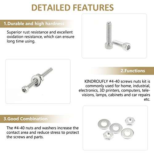 252 Pieces #4-40 x 3/16", 1/4", 5/16", 3/8", 1/2", 5/8", 3/4", 1", Hex Socket Head Cap Screws Nuts Washers Assortment Kit, 304 Stainless Steel, Fully Machine Thread - size: #4-40, style: Socket Head