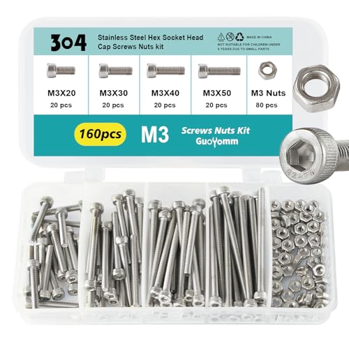M3 x 20mm 30mm 40mm 50mm Hex Socket Head Cap Screws Bolts and Nuts, Stainless Steel 304, Bright Finish, Metric Allen Drive, Fully Thread, Assortment Kit 160PCS - size: Socket M3x20-50mm+Nuts
