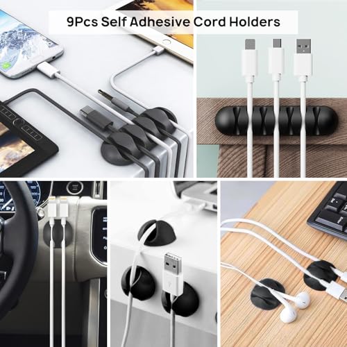 Cable Management Kit - 4 Cable Sleeve, 28 Self Adhesive Cable Clips, 29 Cord Holders, 10+2 Roll Cable Organizer Straps and 100 Fastening Cable Ties for TV Computer Under Desk (Black)